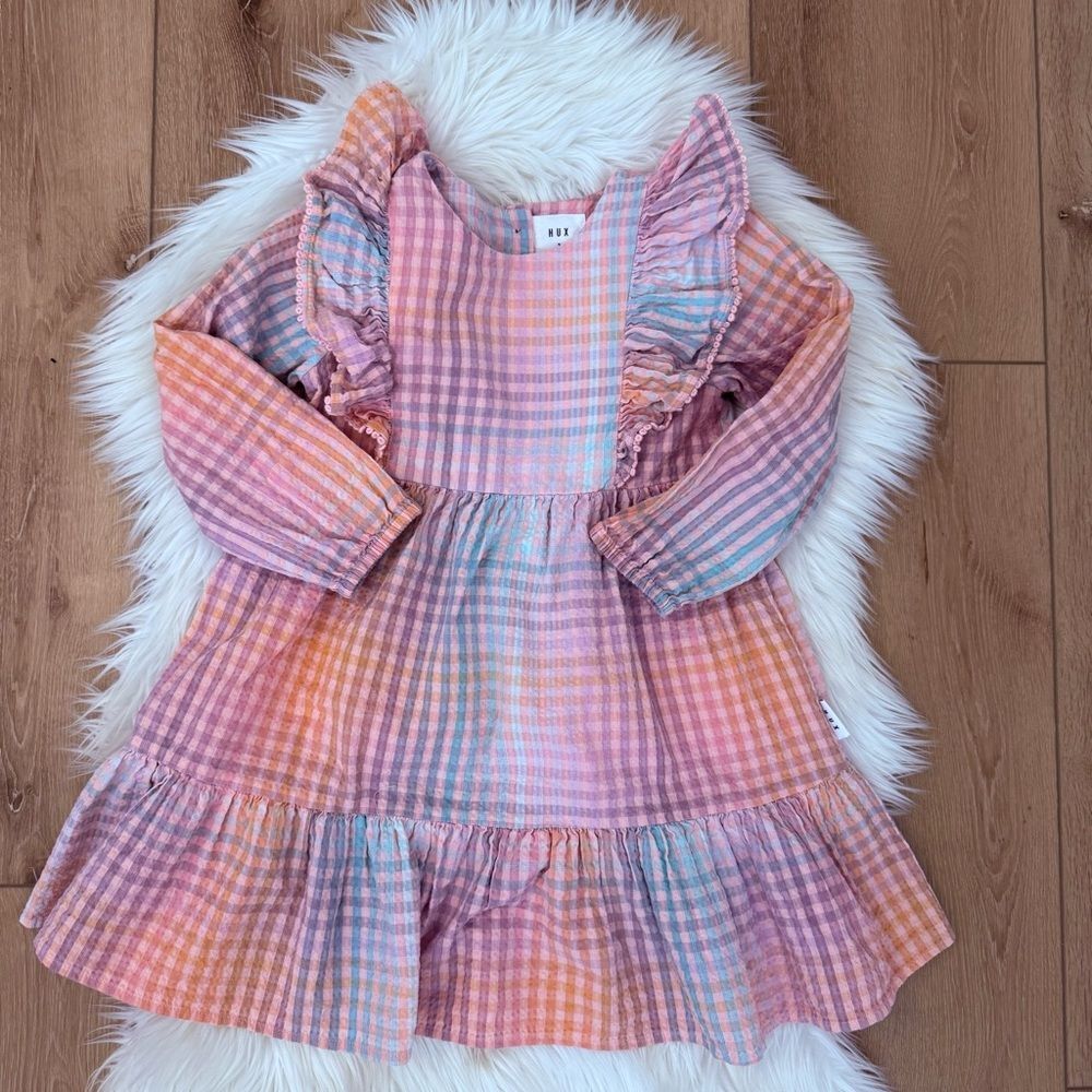 Huxbaby Pink Peach Blue Plaid Ruffle Long Sleeve Kids‎ Dress - Size 7